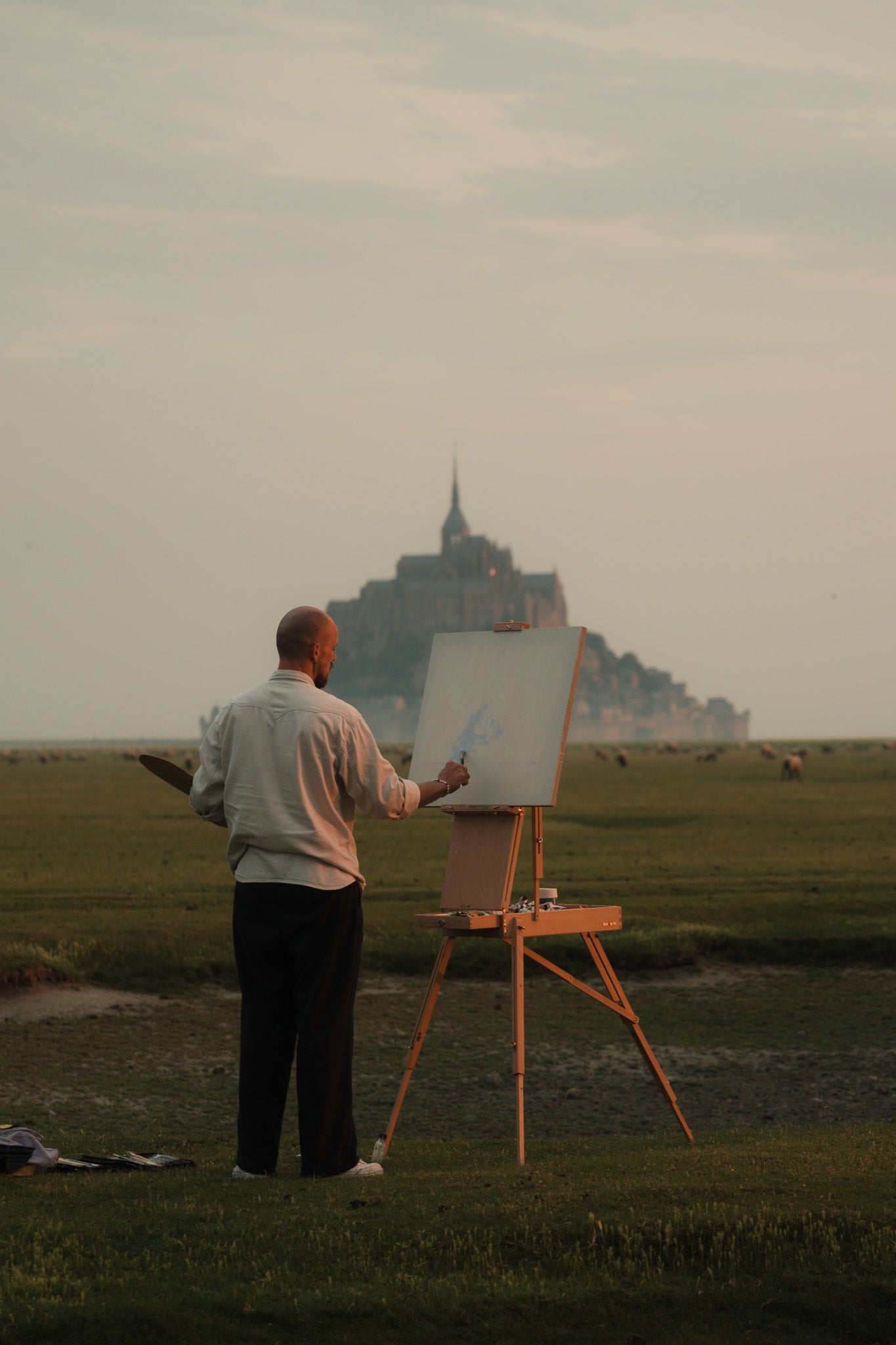 'Sunrise with a flock of sheep, Mont St Michel'