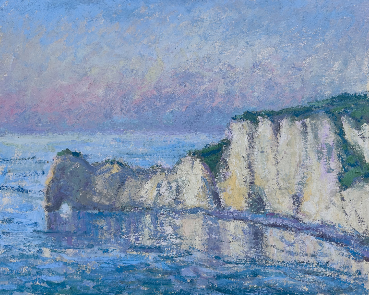 'Widok na Falaise d'Amont o zachodzie słońca, Étretat'