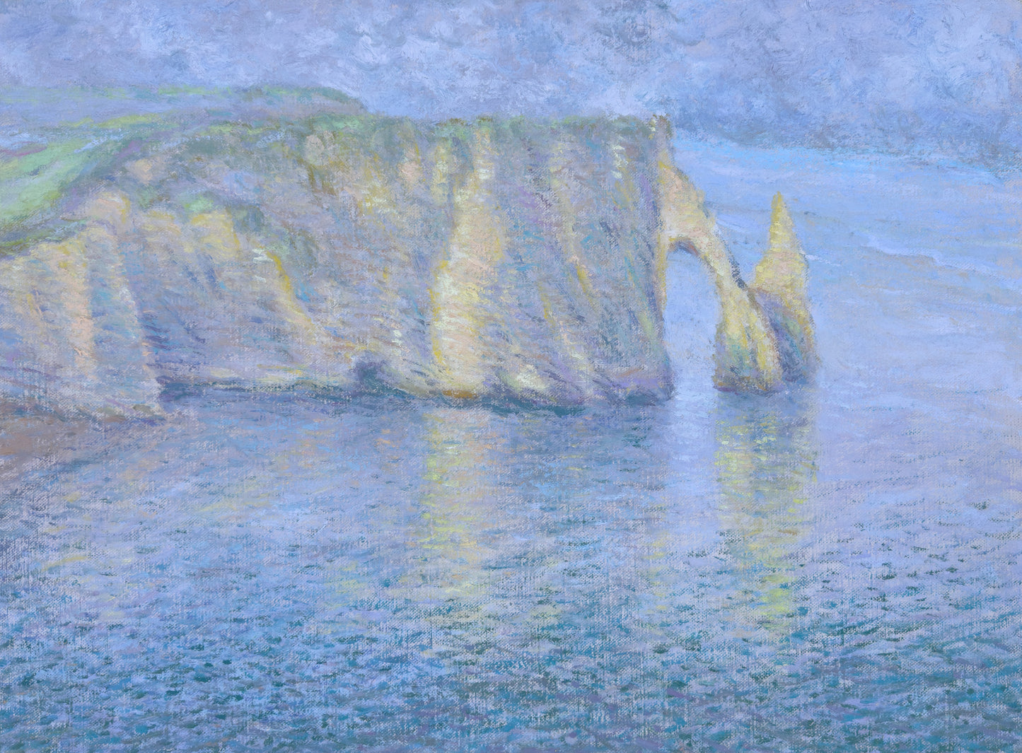 'View of misty cliffs from the hill. Étretat'