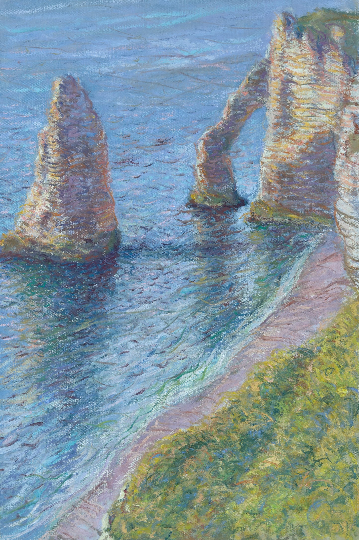 'Widok na Falaise d'Aval, zachód słońca. Étretat'