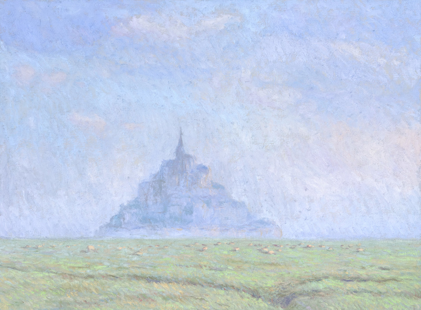 'Sunrise with a flock of sheep, Mont St Michel'